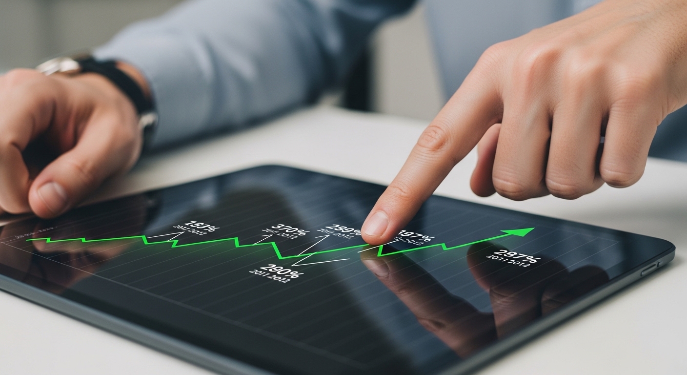 Hand pointing at startup growth chart on tablet