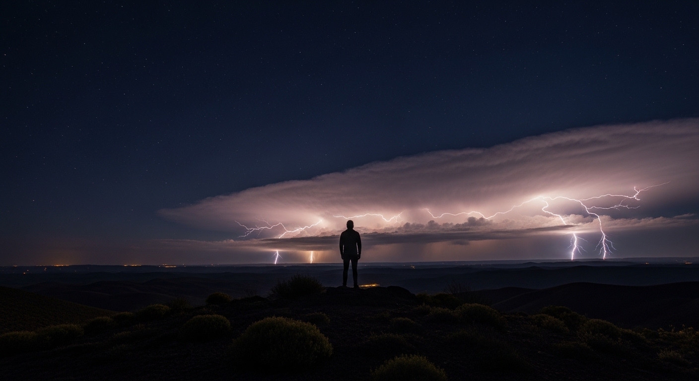 Person watching distant silent lightning storm at night