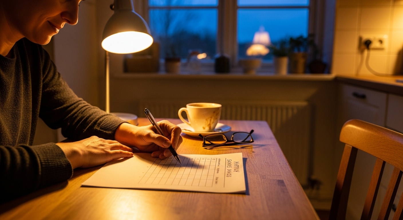 Person reviewing monthly savings tracker at kitchen table