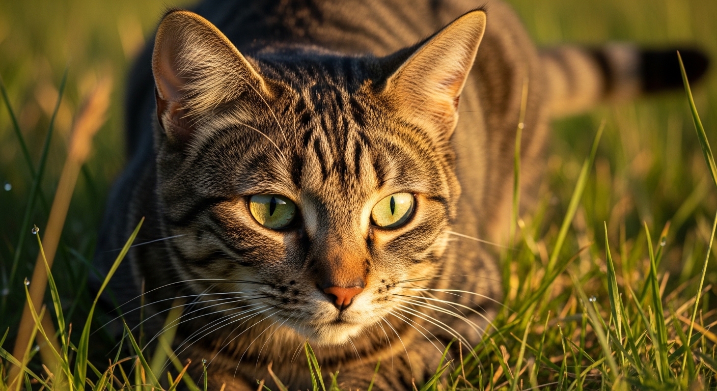 cat crouching in tall grass stalking prey at golden hour