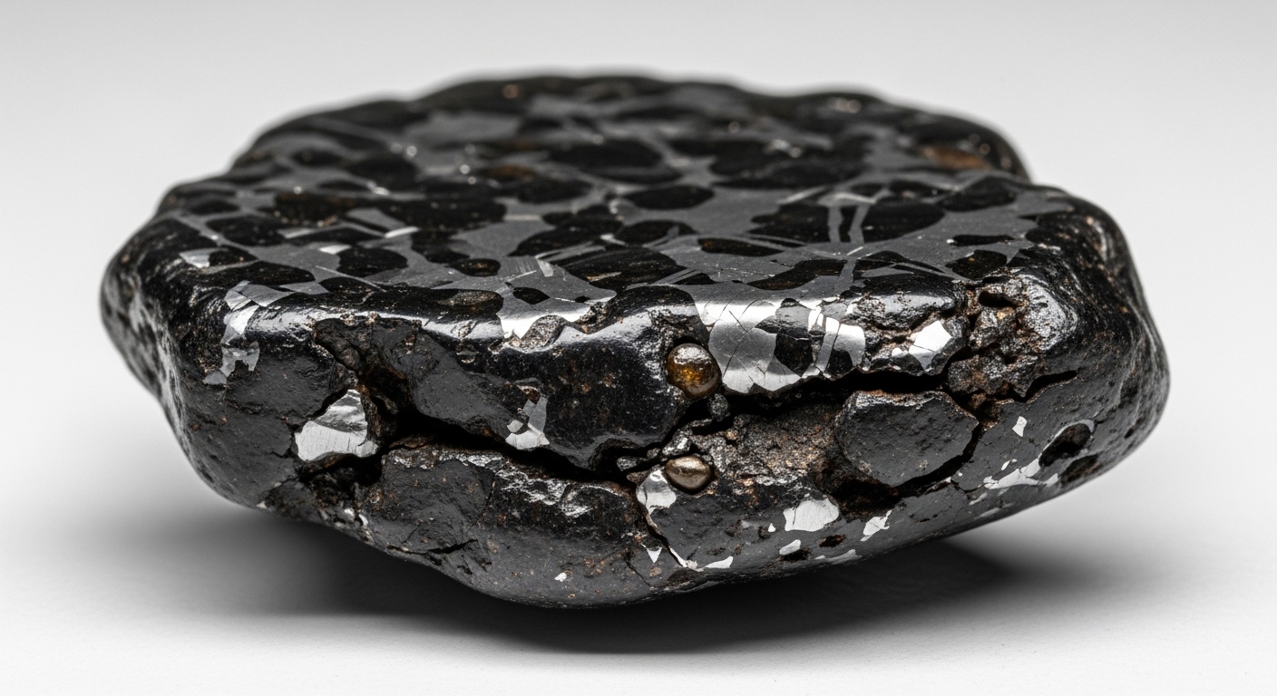 Close-up of a dark metallic meteorite with fusion crust