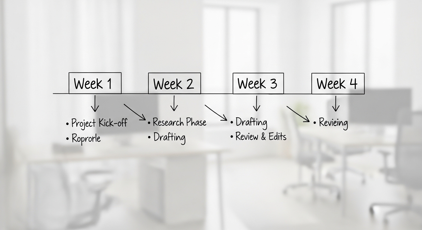 Diagram timeline bulan pertama kerja di papan tulis