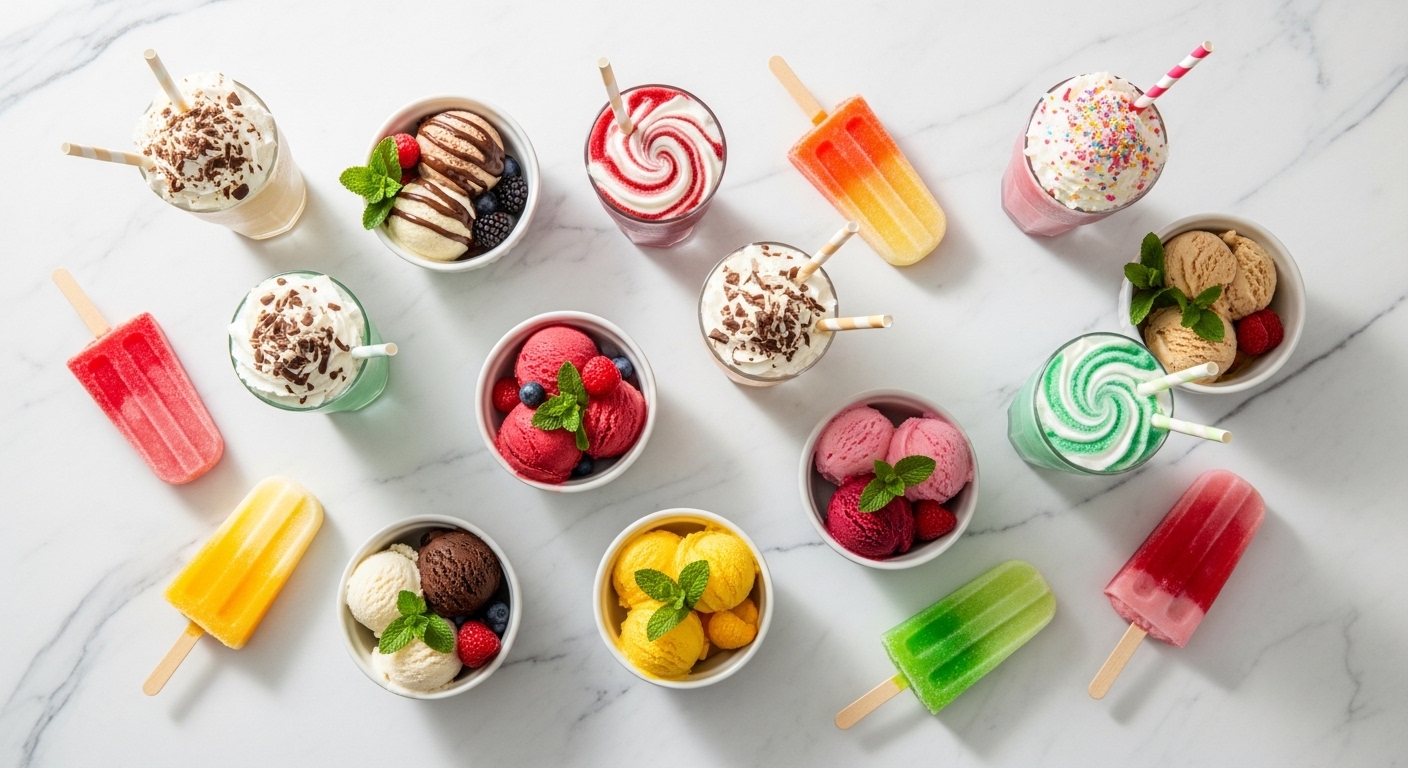 Overhead flat-lay of assorted frozen cold treats