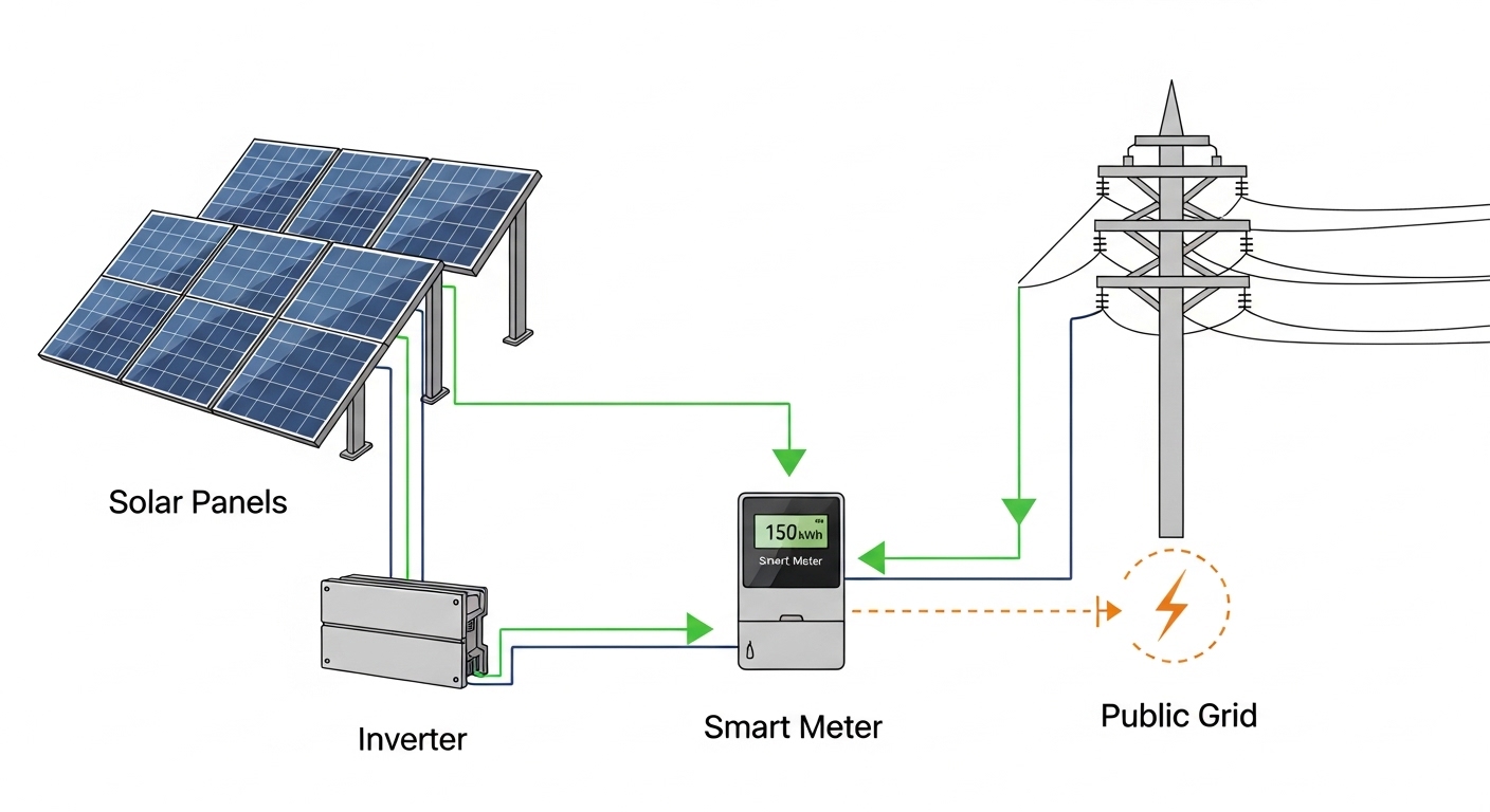 Schema der Solarstromeinspeisung ins öffentliche Netz
