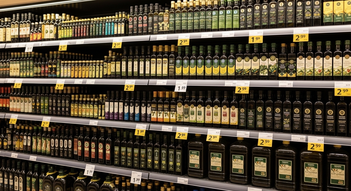 Supermarket aisle with olive oil bottles and price tags