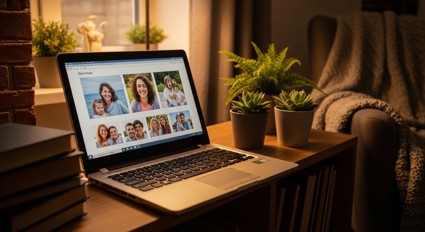 Old laptop used as digital photo frame on shelf