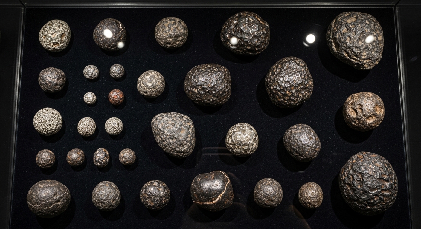 Overhead view of meteorite collection in museum display