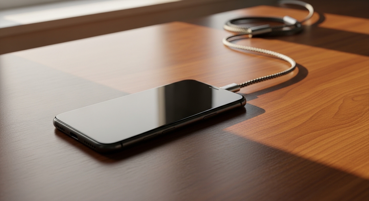 Smartphone and charging cable on wooden desk