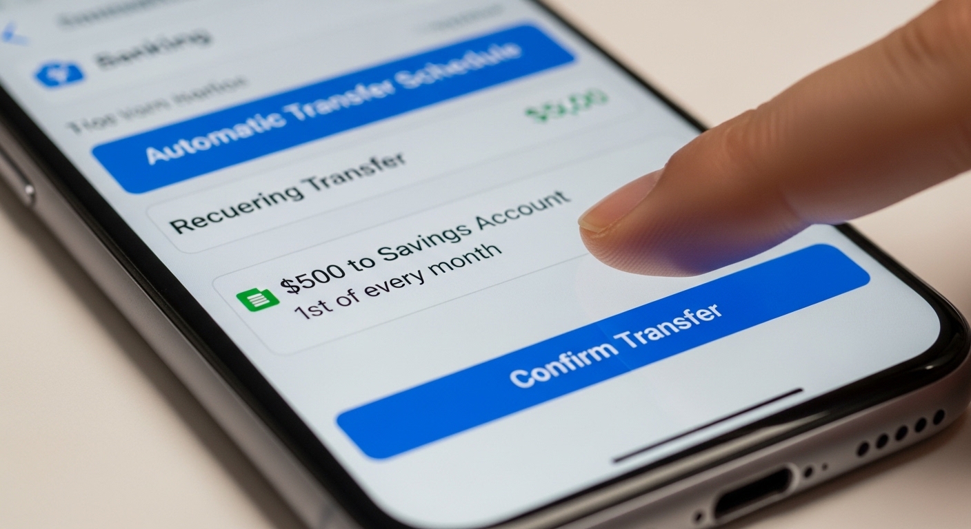 Smartphone banking app showing automatic transfer setup