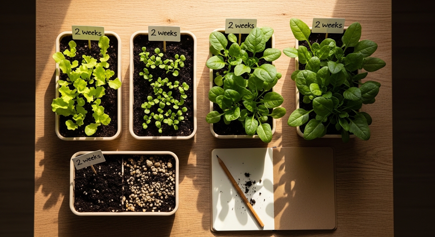 Four labeled salad green planters in succession planting sequence on wooden table
