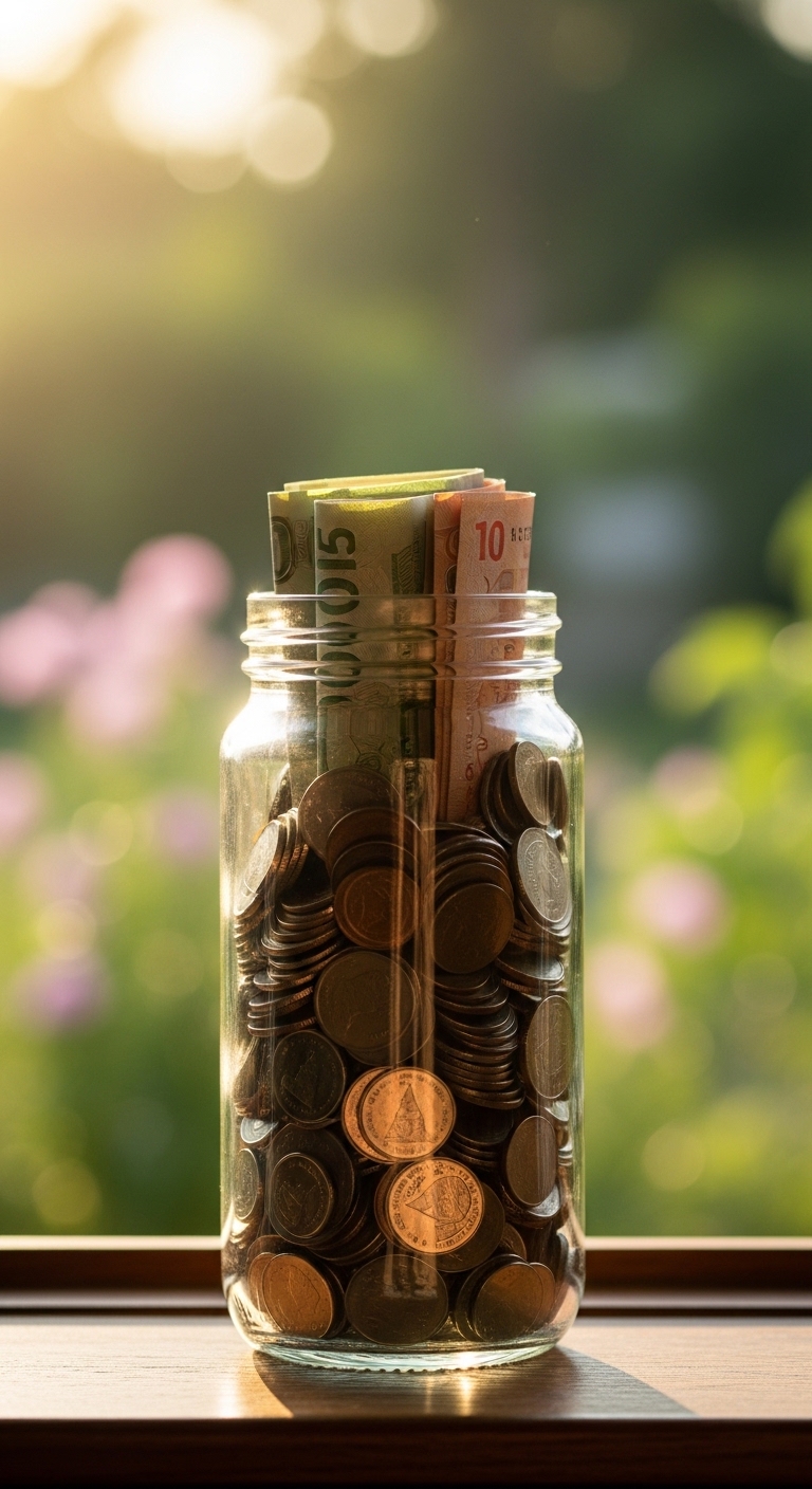 Savings jar on sunlit windowsill with garden background