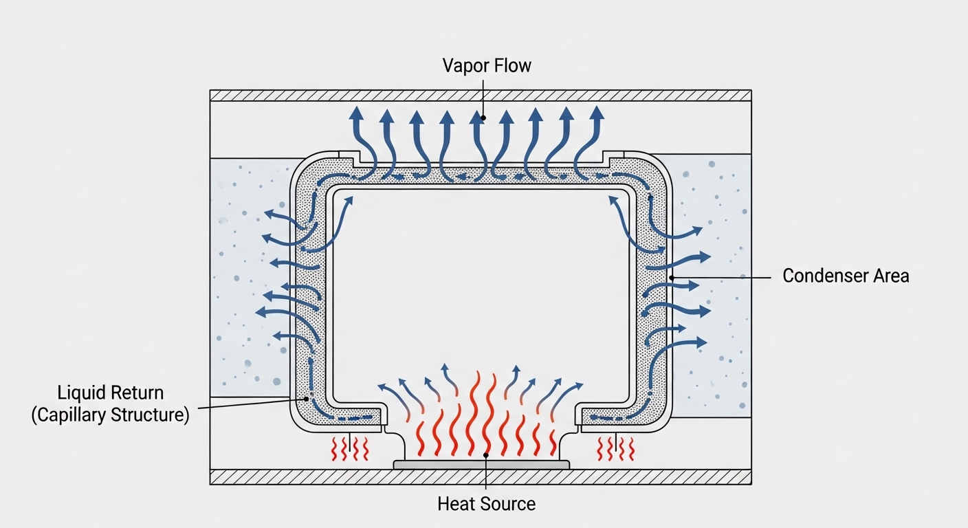 Diagram penampang vapor chamber dengan aliran uap dan cairan