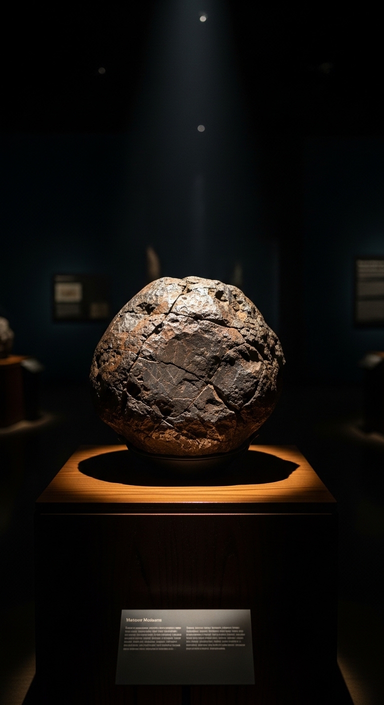 Single large meteorite on museum pedestal under spotlight