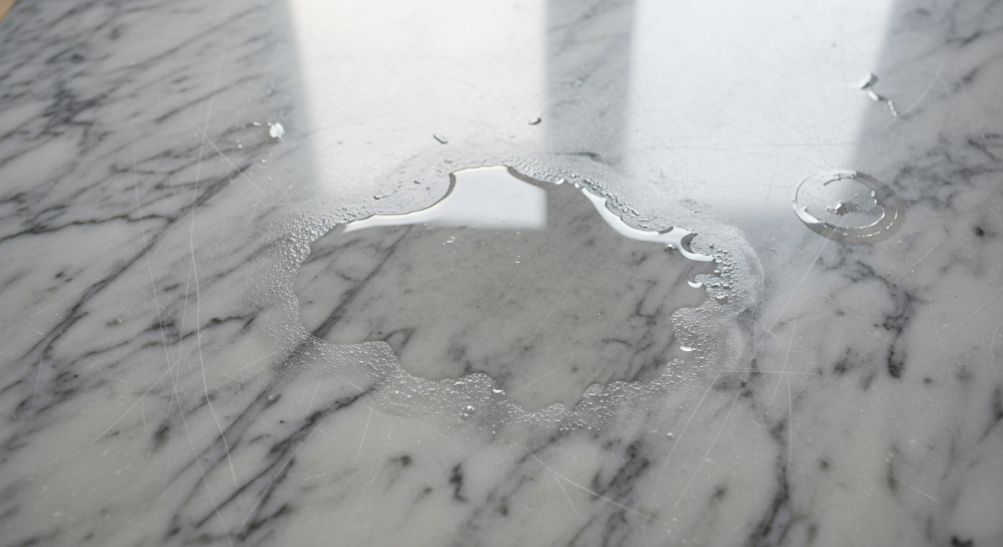 Vinegar etching marble countertop surface overhead view