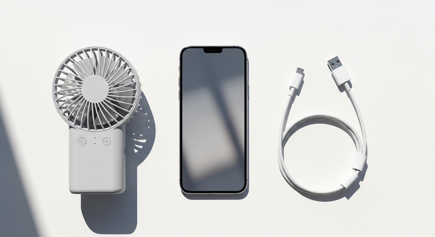 Overhead flat lay of phone, fan, and charging cable