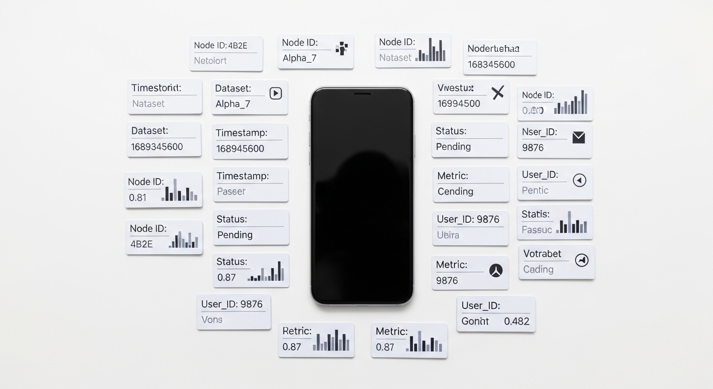 Smartphone surrounded by data label cards overhead view