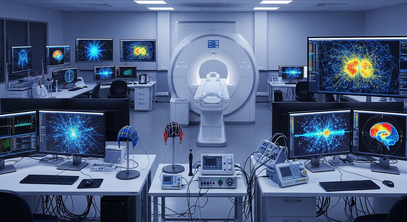 Neuroscience lab with brain imaging monitors