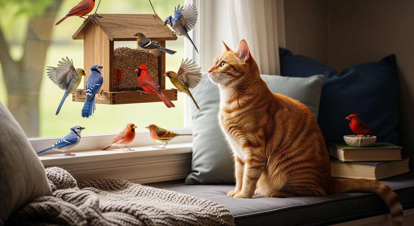 orange tabby cat watching birds from a sunny window perch