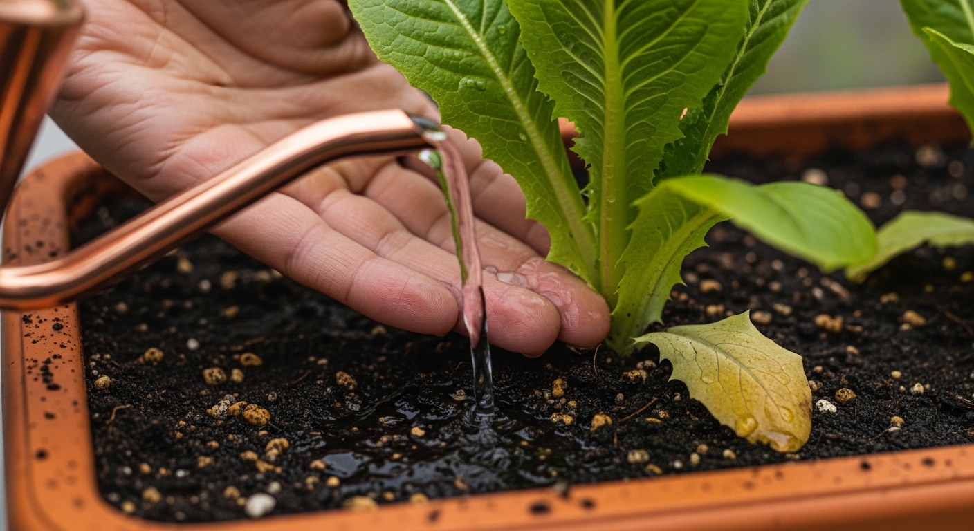 Hand watering lettuce in terracotta planter with copper watering can