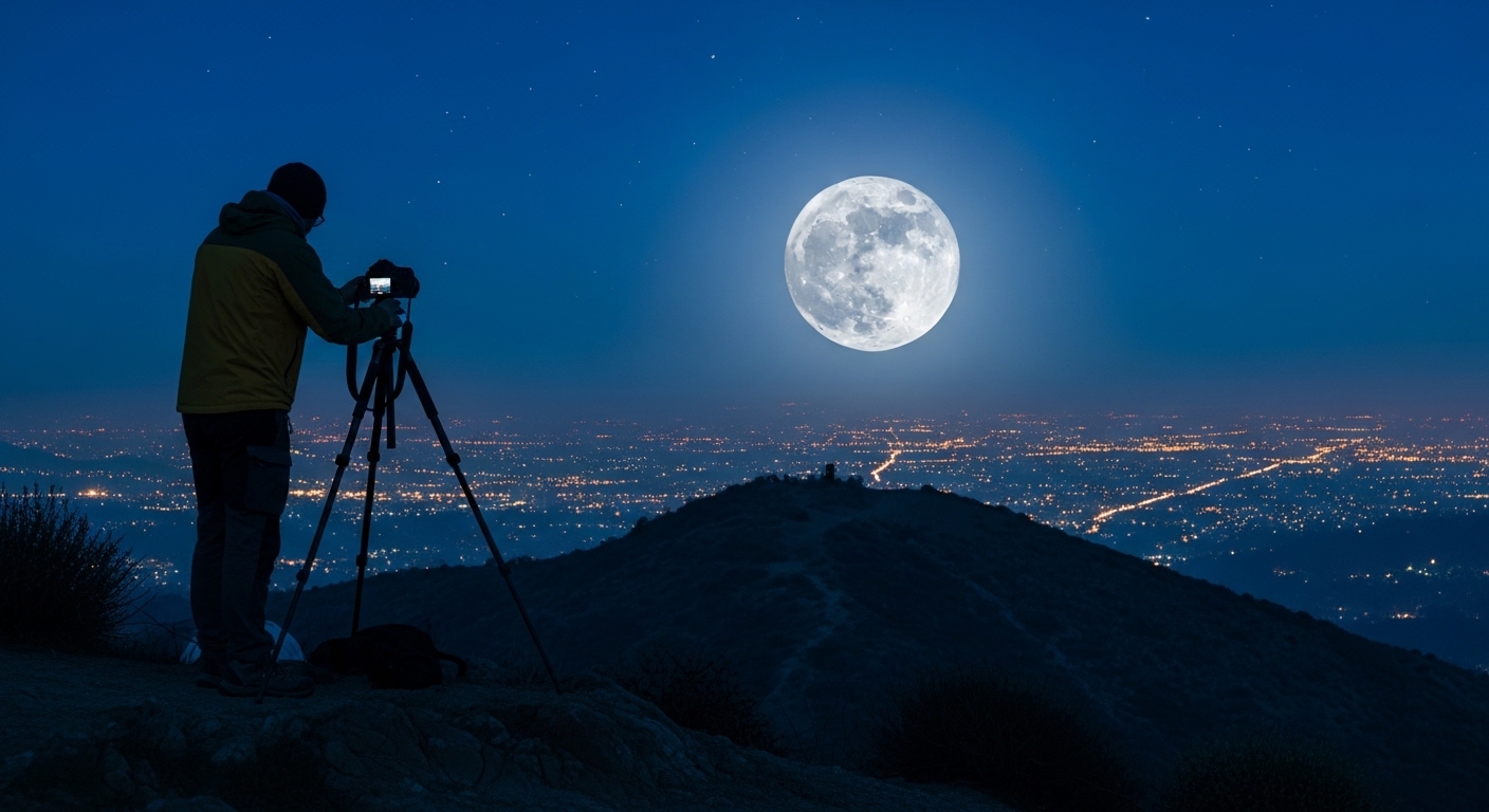 Fotograf fotografiert aufgehenden Mond über Stadtsilhouette