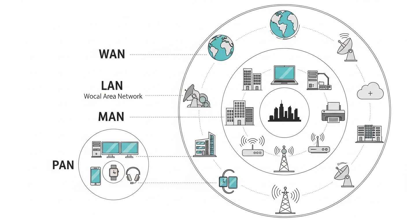 Sơ đồ phân cấp các loại mạng PAN LAN MAN WAN