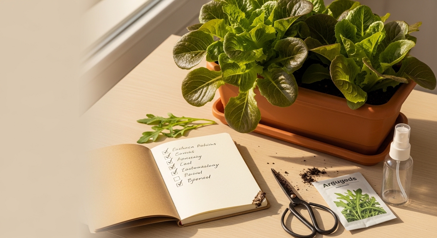 Indoor salad garden checklist notebook beside mature lettuce and harvest scissors