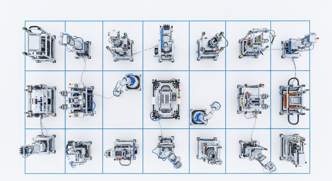 Multiple robots training simultaneously overhead view