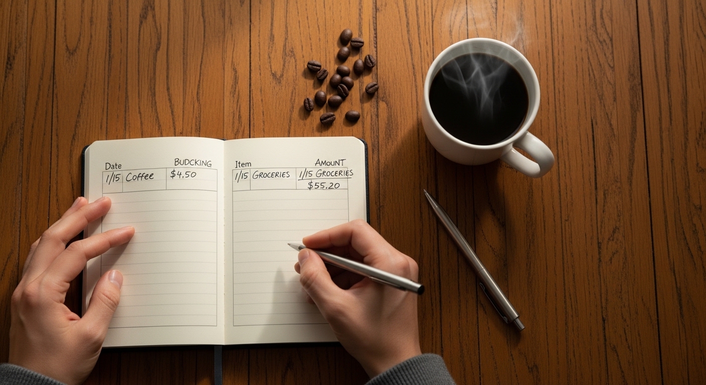 Hands writing budget notes beside morning coffee
