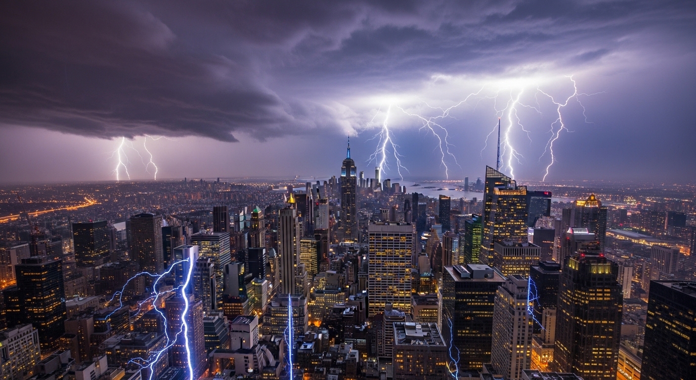 Overhead view of city during thunderstorm with lightning