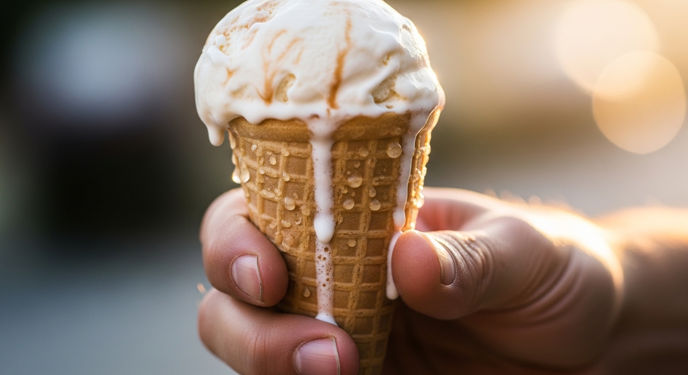 Close-up of melting ice cream cone in hand