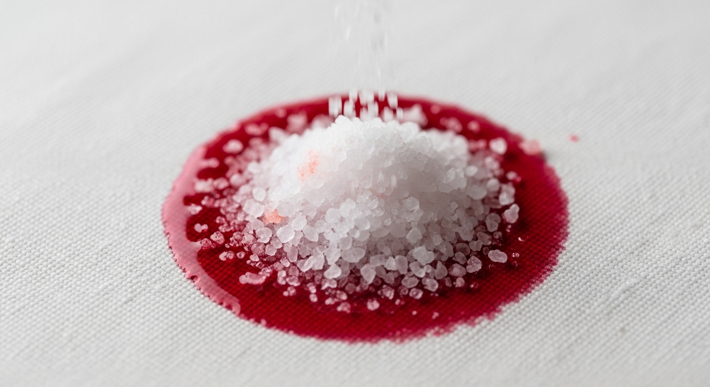 Salt poured onto fresh red wine stain on linen