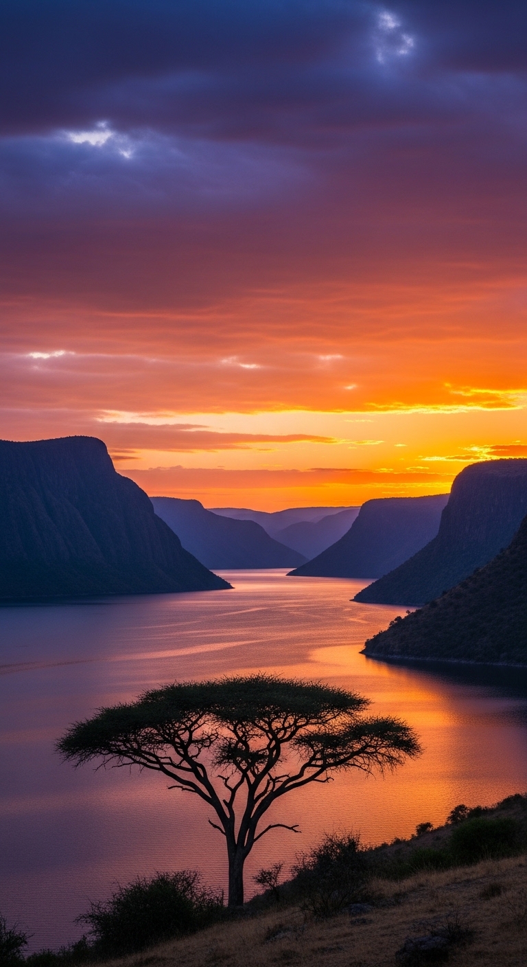Pôr do sol sobre o Lago Tanganhica no Vale do Rift