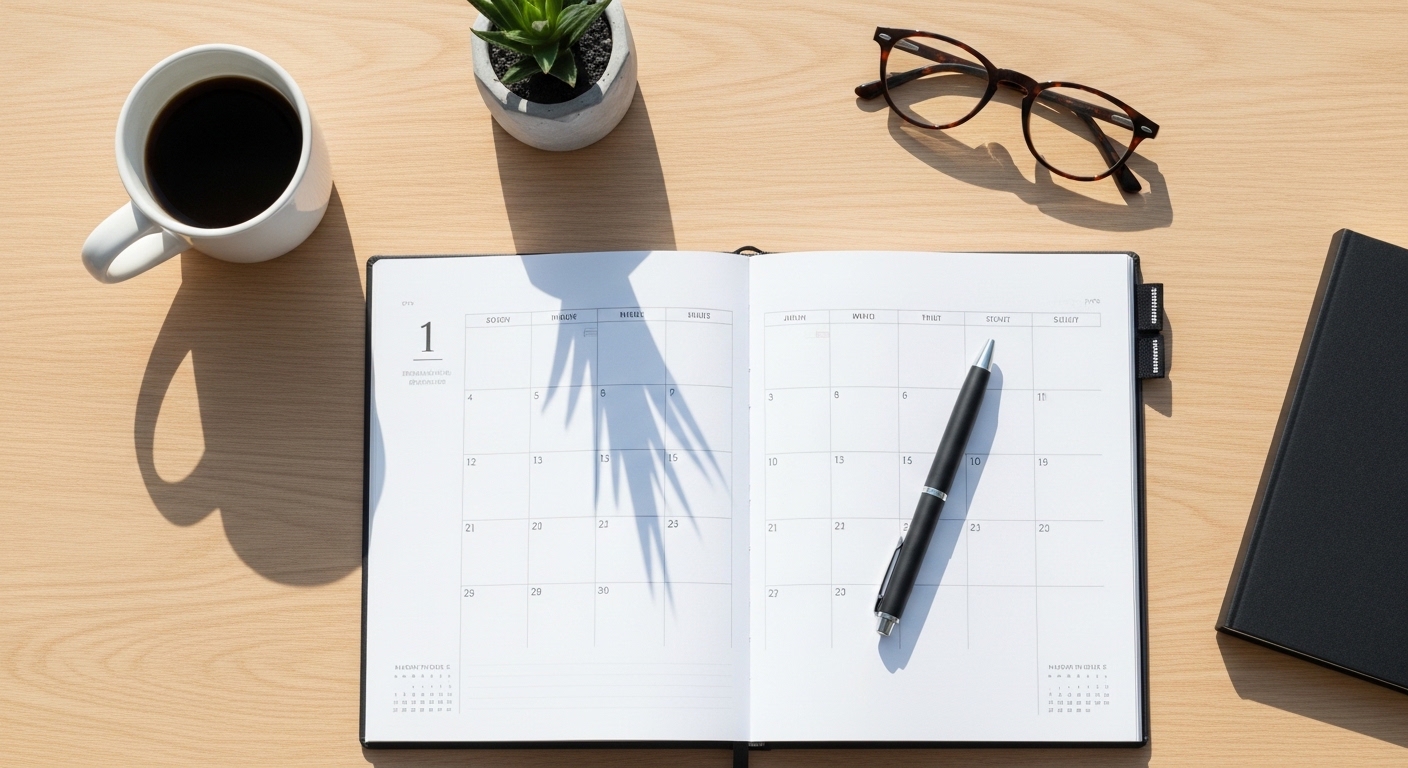 Tampilan atas meja kerja rapi dengan planner bulan pertama