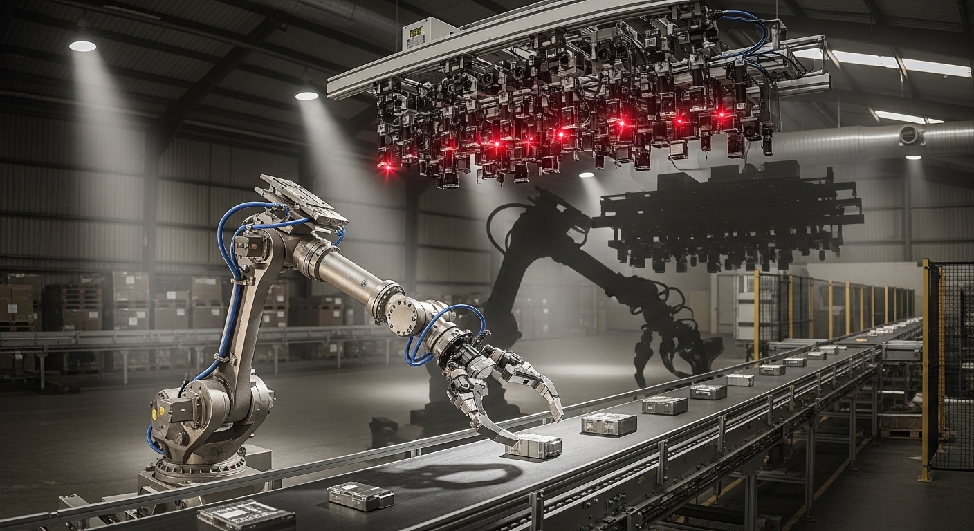 Robotic arm grasping object in warehouse