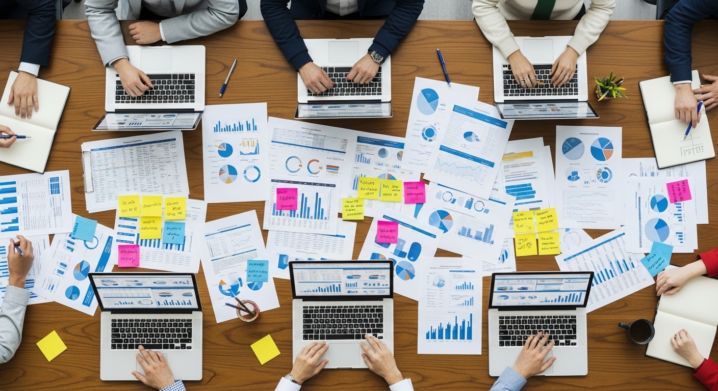 Overhead view of startup funding meeting with documents