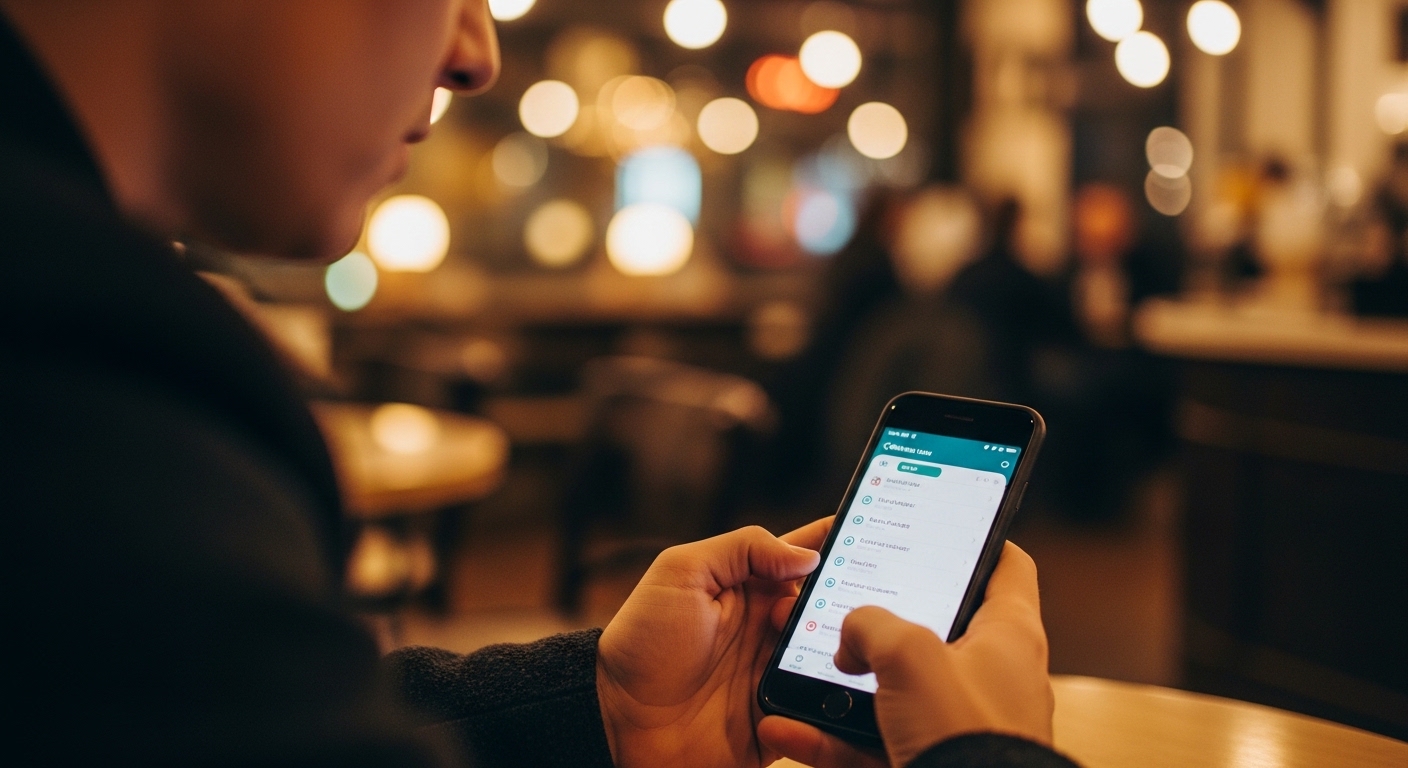 Person reviewing phone settings at a cafe table