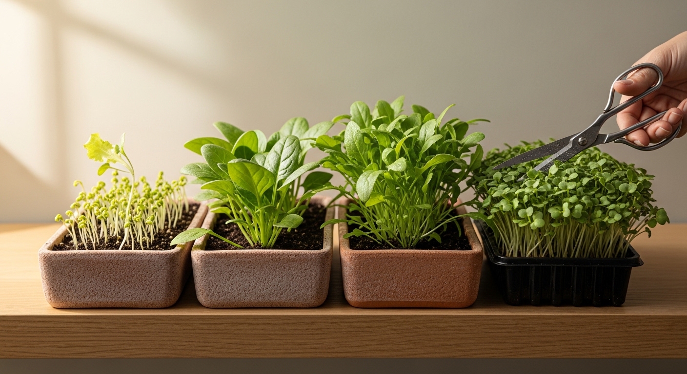 Four planters showing lettuce, spinach, arugula, and microgreens at different stages