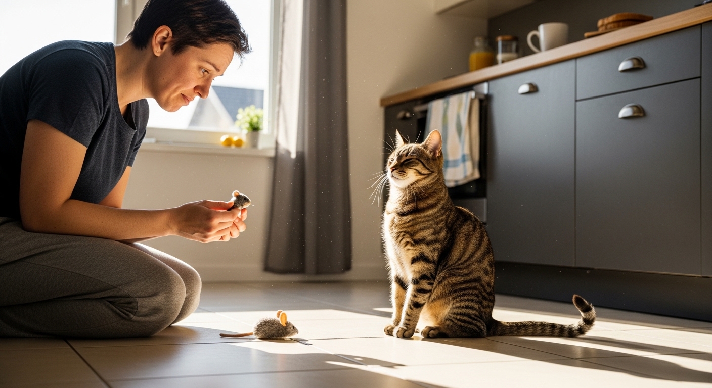 cat owner looking at toy mouse left by satisfied cat on kitchen floor