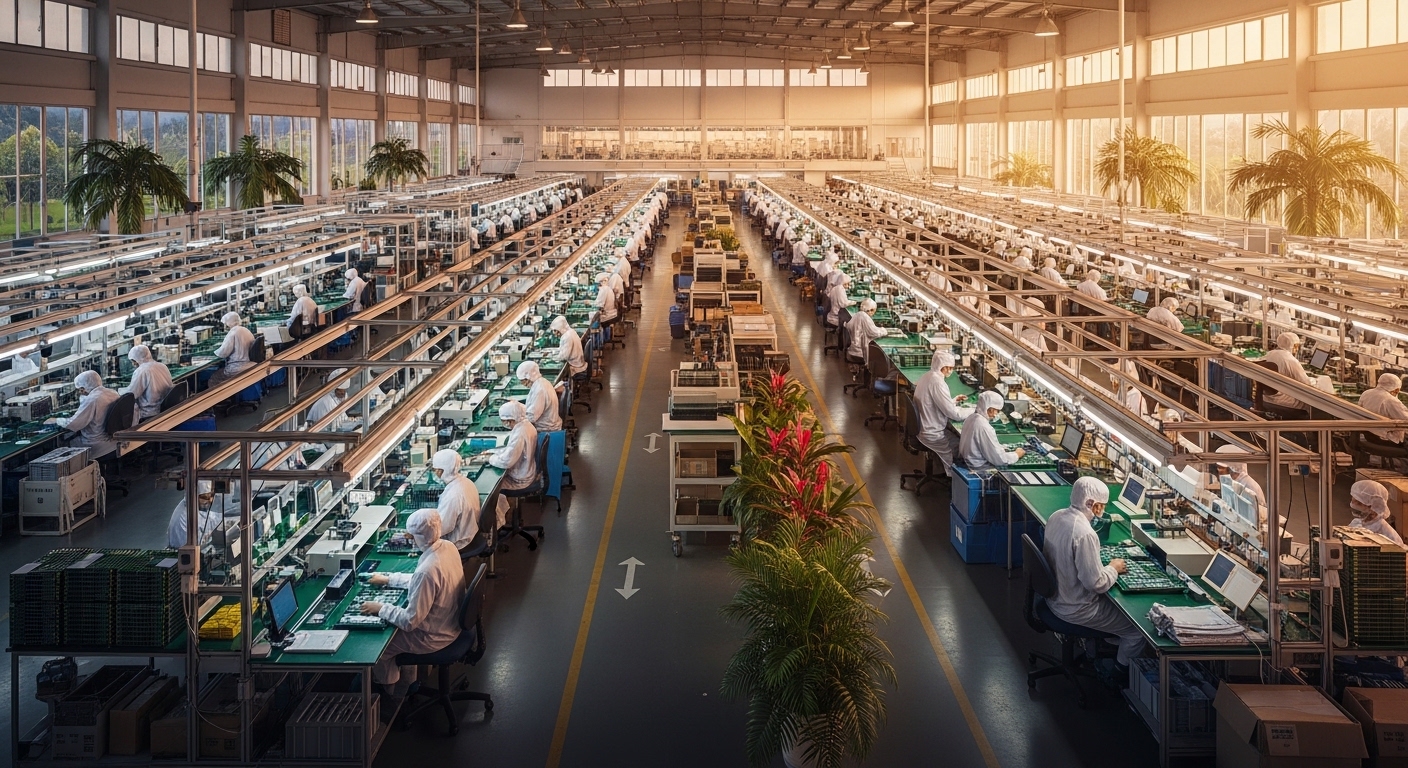 Linha de montagem de eletrônicos em ambiente industrial tropical