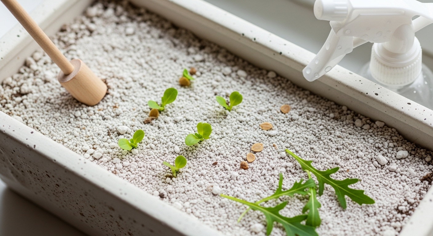 Rectangular planter with perlite-rich soil and lettuce seeds being sown