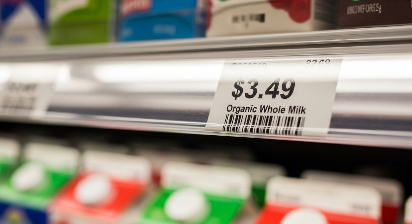 Close-up of supermarket price label on shelf