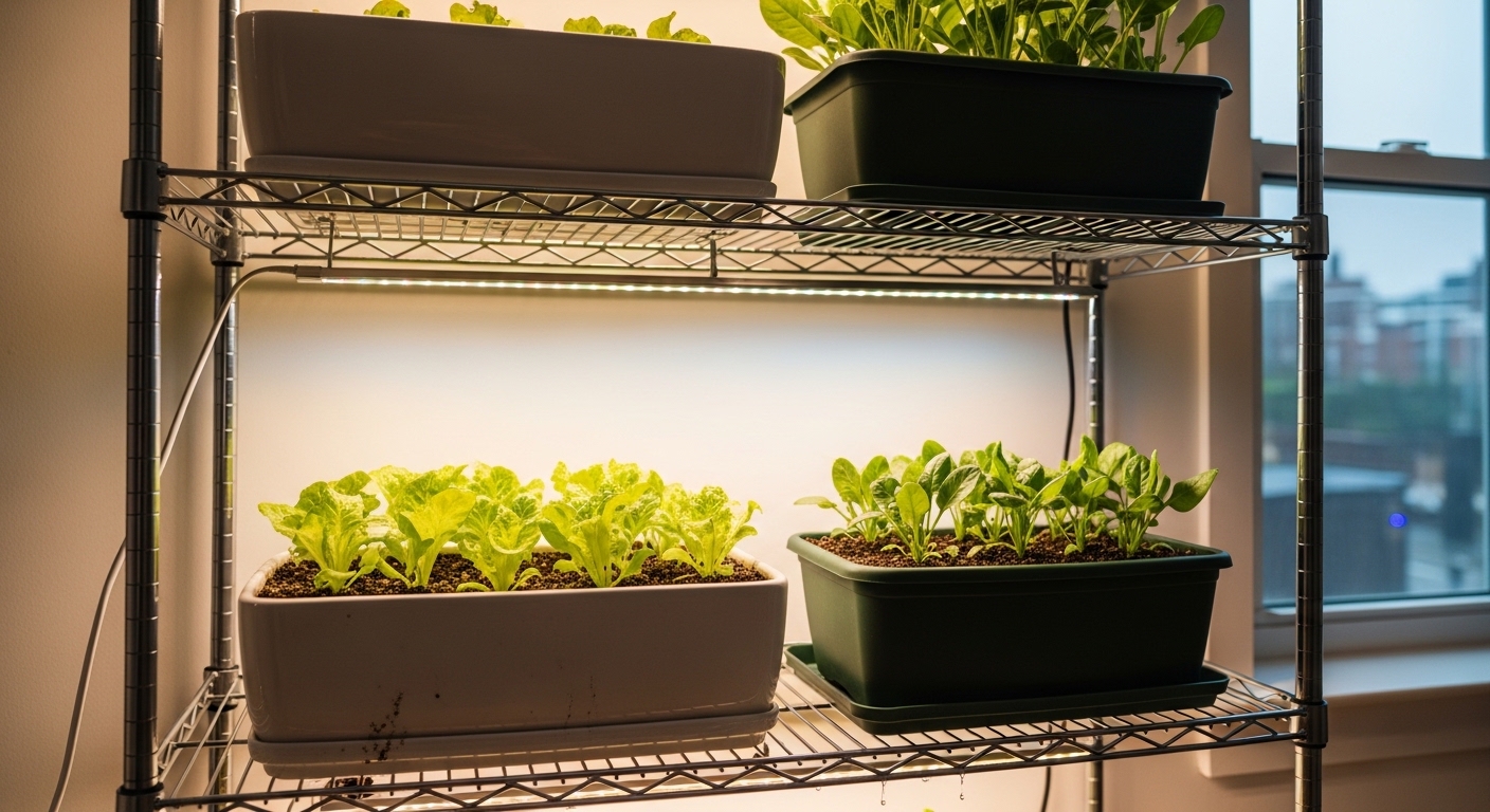 Two-tier indoor growing shelf with lettuce and spinach under LED lights