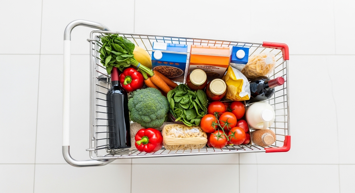 Overhead view of grocery-filled shopping cart