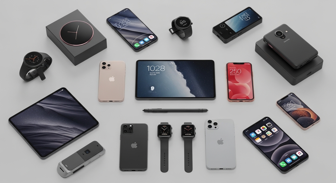 Vista aérea de smartphones com etiquetas de preço