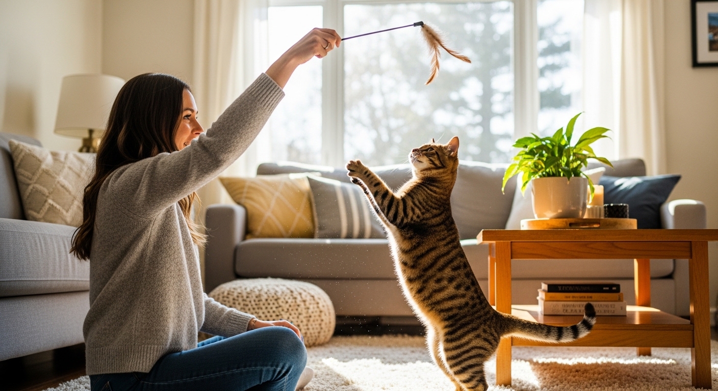 woman playing with tabby cat using feather wand indoors