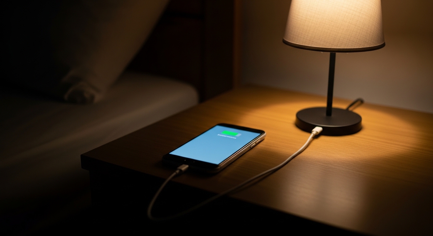 Smartphone charging on nightstand in dark bedroom