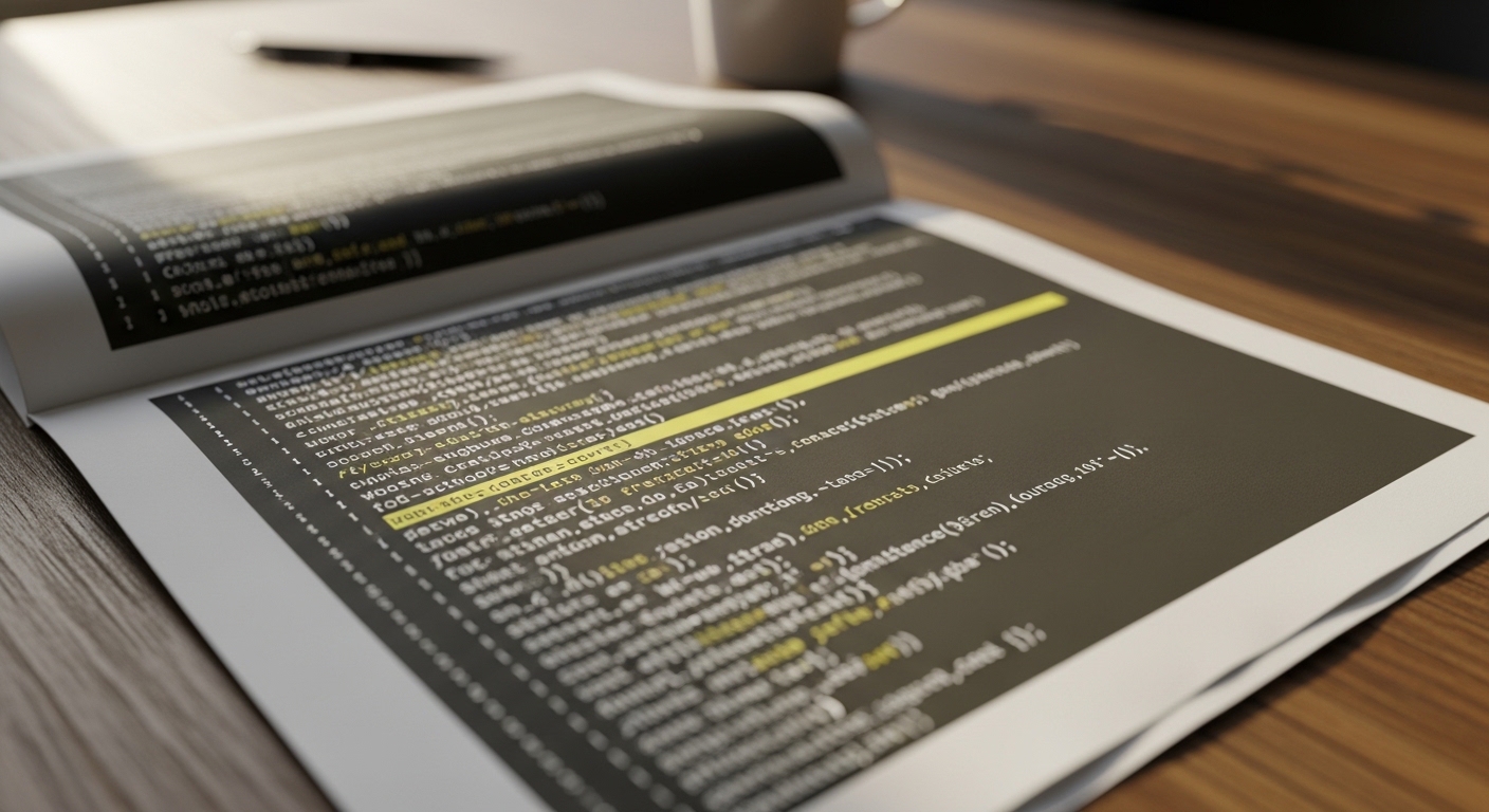 Printed source code on a wooden desk