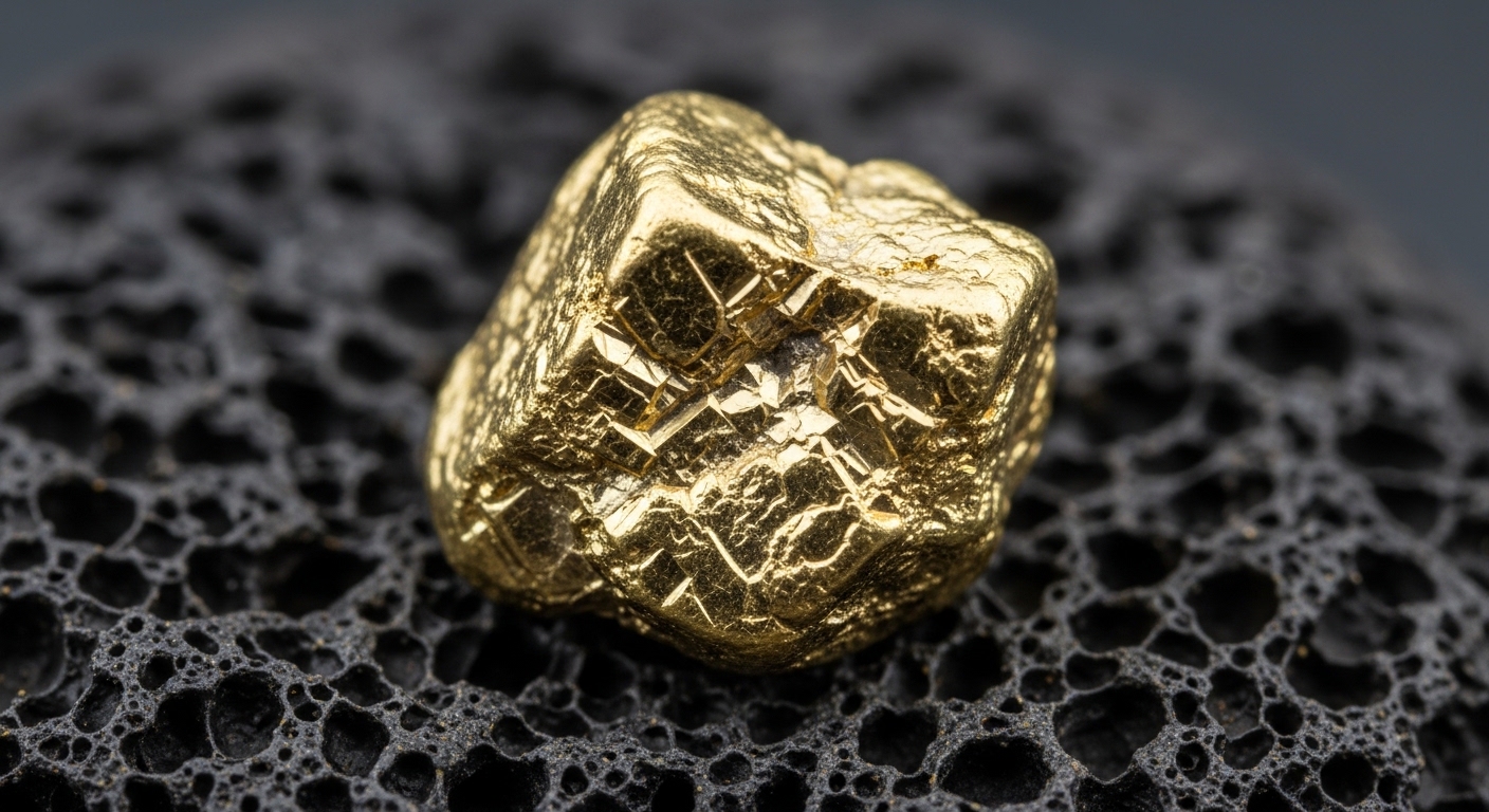 Close-up of a raw gold nugget on dark rock