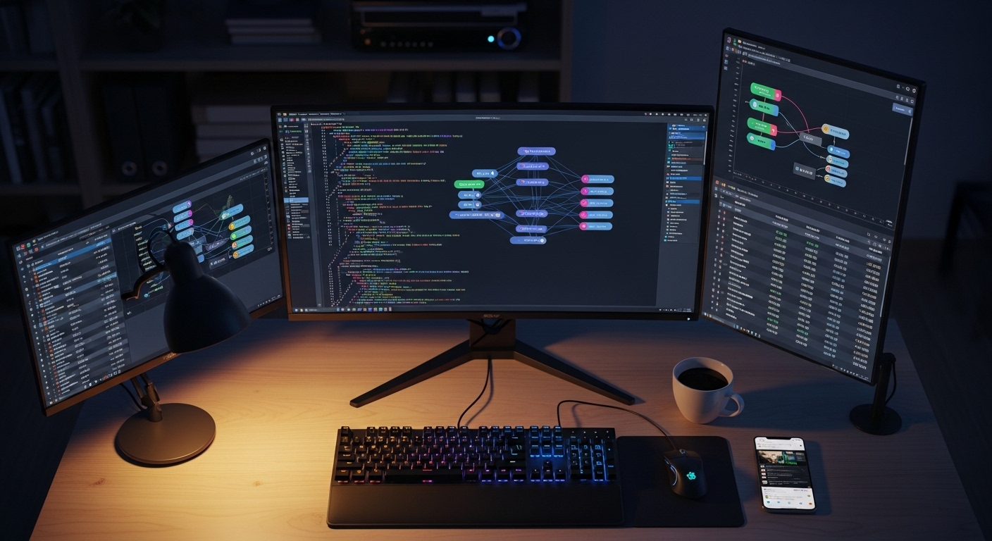 Meja pengembang dengan monitor menampilkan kode dan grafik blockchain