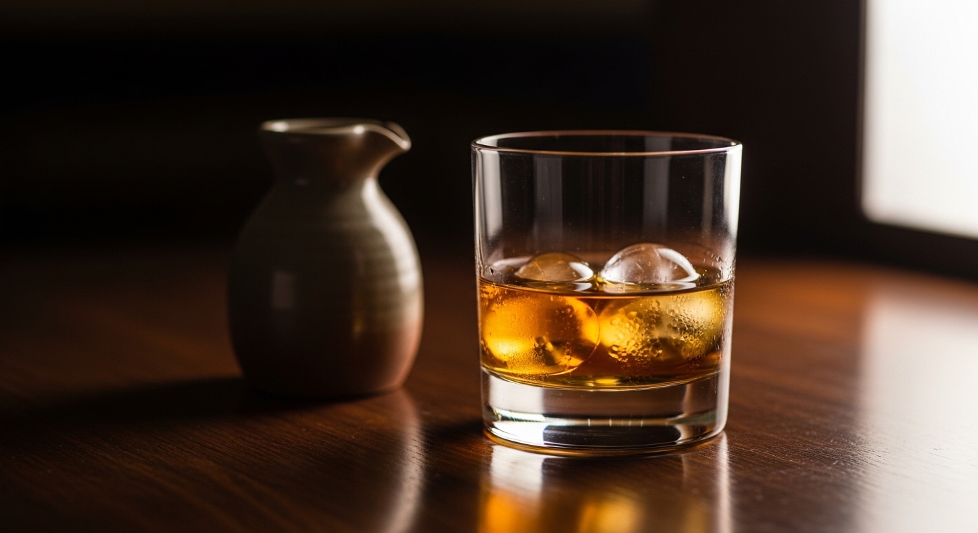 Glass of amber whisky with water jug on wood